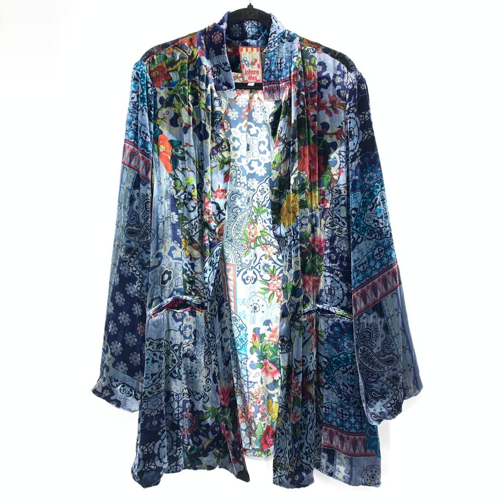 Johnny Was Womens XL Blue Velvet Floral Button Front Jacket Boho Long Sleeve